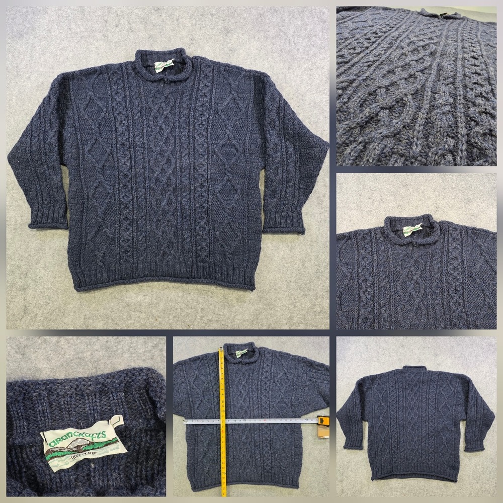 Aran Crafts Sweater Mens Large Blue Wool Cable Knit Mock Neck Pullover‎ Ireland